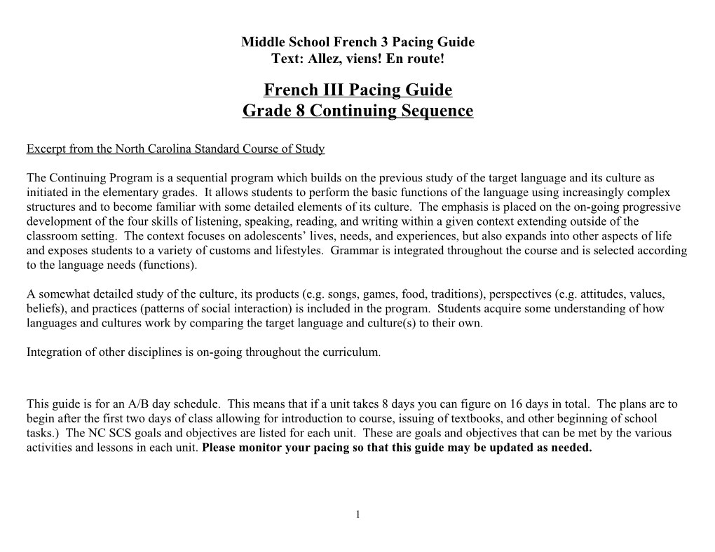 Middle School French 3 Pacing Guide