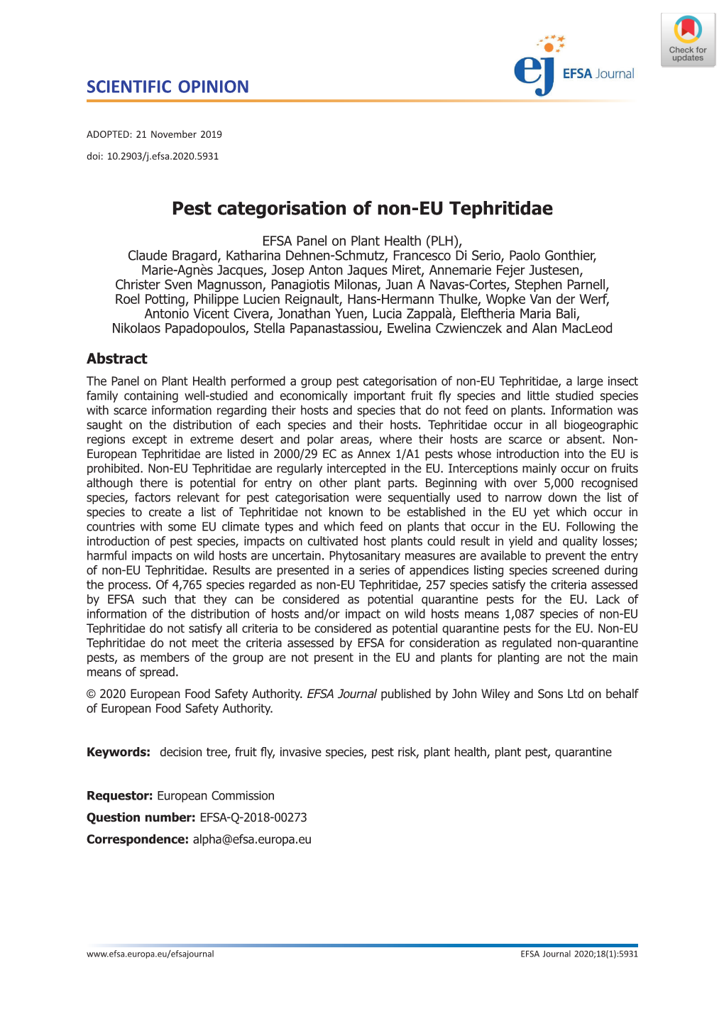Pest Categorisation of Non‐EU Tephritidae