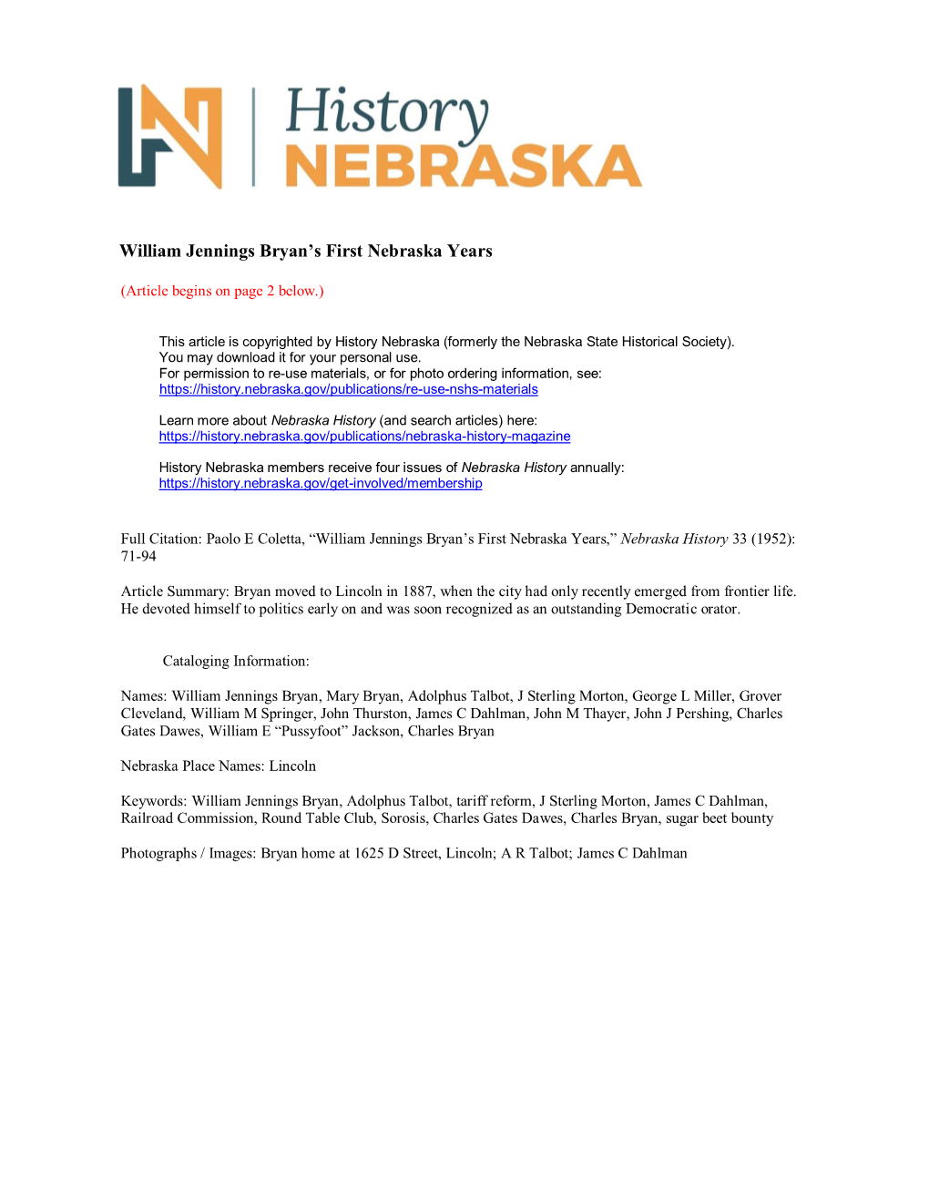 William Jennings Bryan's First Nebraska Years