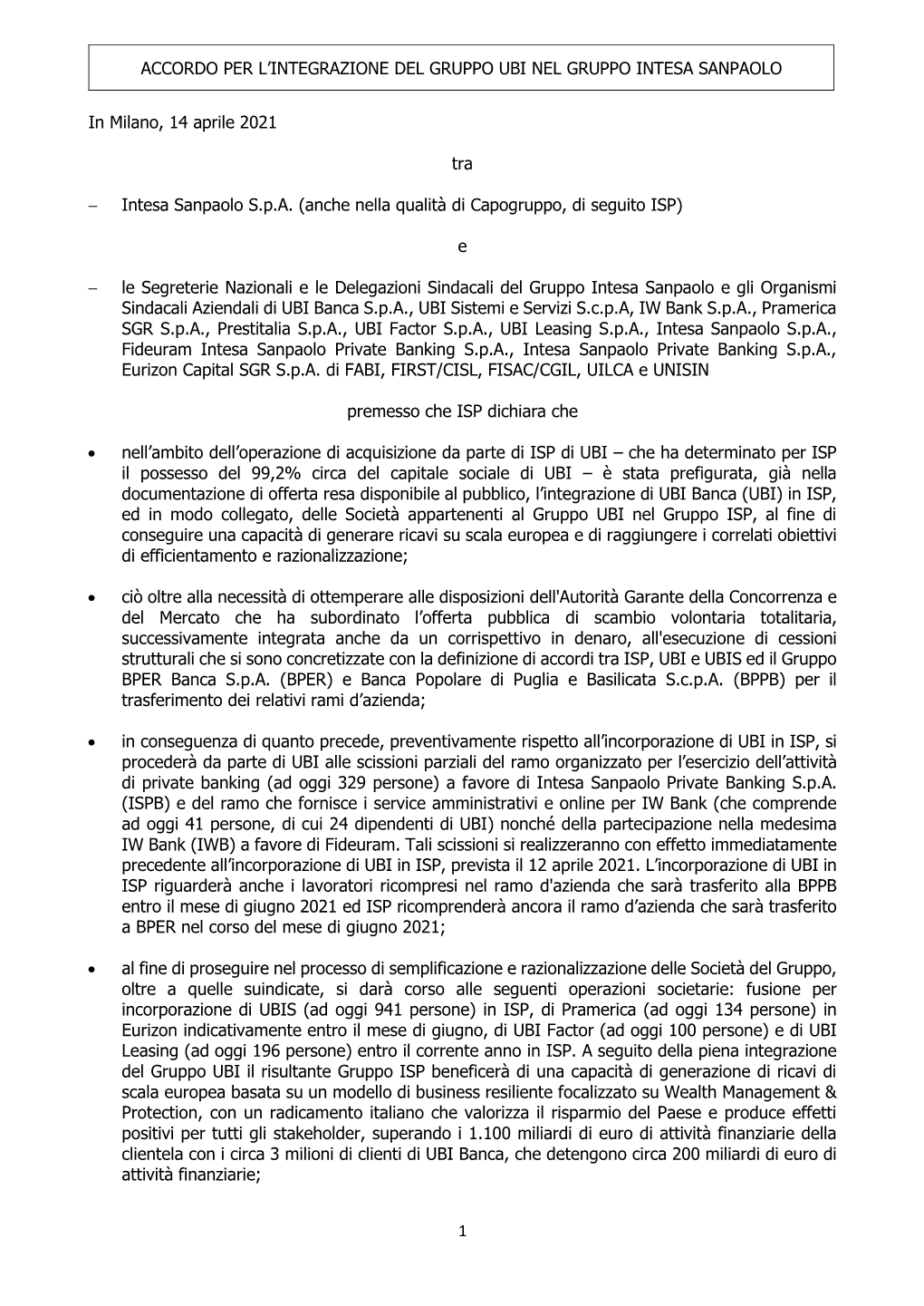 Accordo Per L'integrazione Del Gruppo Ubi Nel Gruppo Intesa Sanpaolo