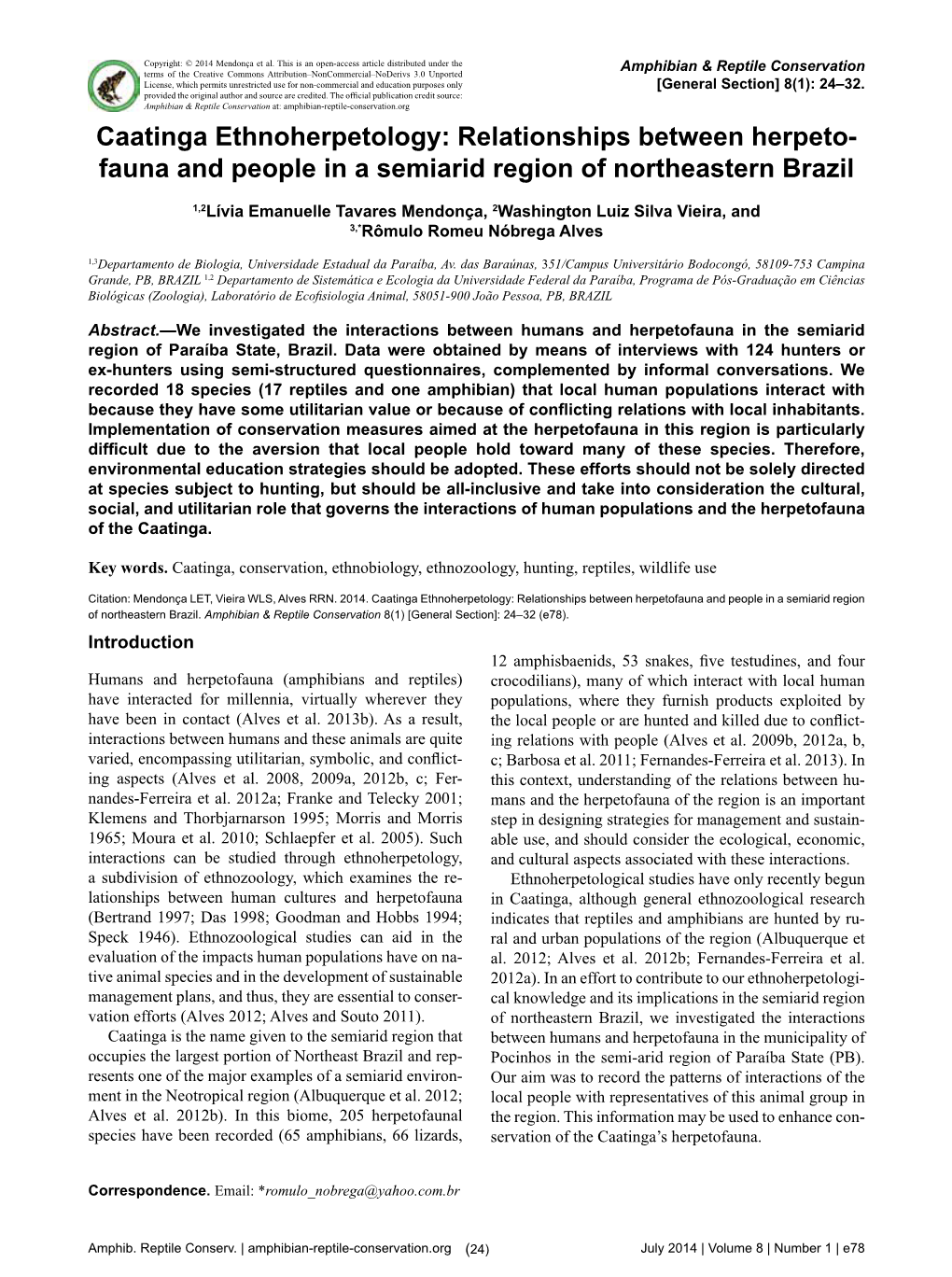 Caatinga Ethnoherpetology: Relationships Between Herpeto- Fauna and People in a Semiarid Region of Northeastern Brazil