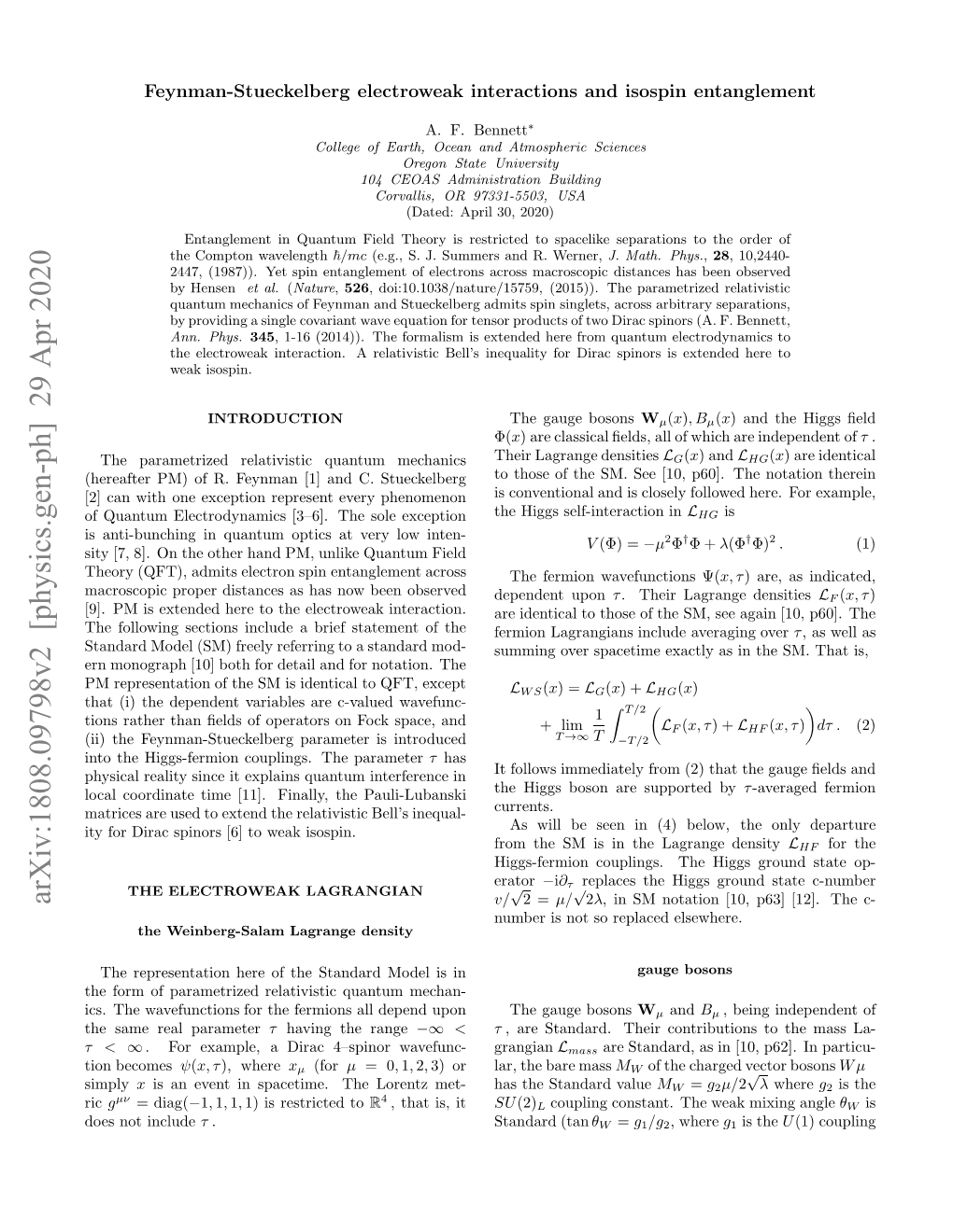 Arxiv:1808.09798V2 [Physics.Gen-Ph] 29 Apr 2020 Notehgsfrinculns H Parameter the Couplings