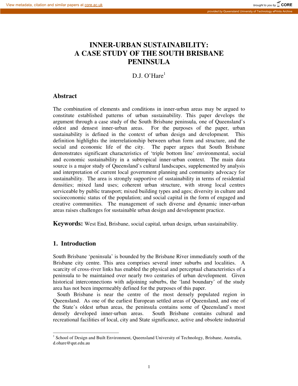 Inner-Urban Sustainability: a Case Study of the South Brisbane Peninsula