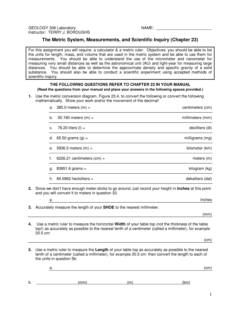 1 the Metric System, Measurements, and Scientific Inquiry (Chapter