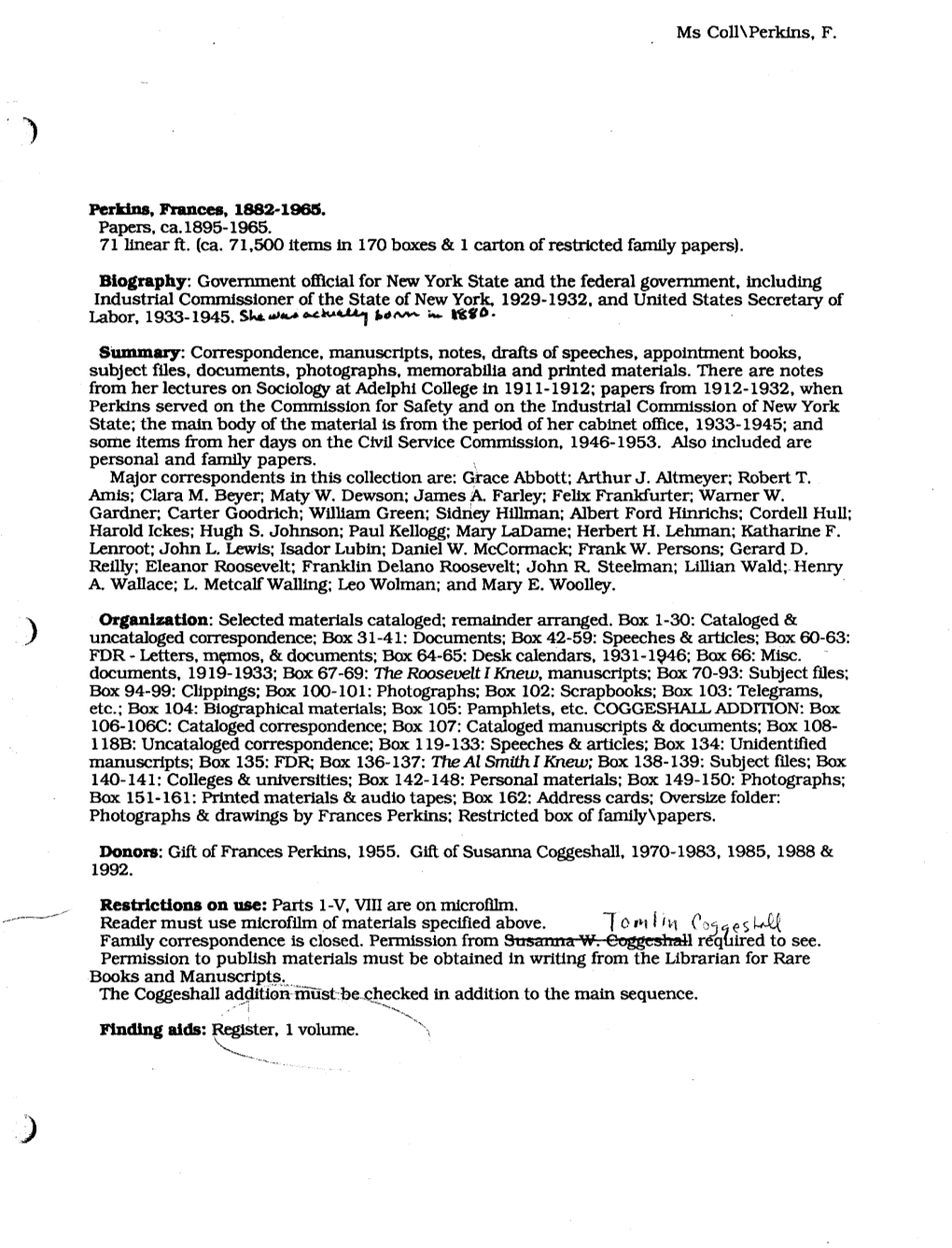 Ms Coll\Perkins, F. Perkins, Frances, 1882-1965. Papers, Ca. 1895-1965
