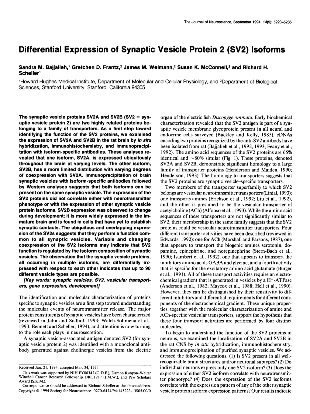 Differential Expression of Synaptic Vesicle Protein 2 (SV2) Lsoforms