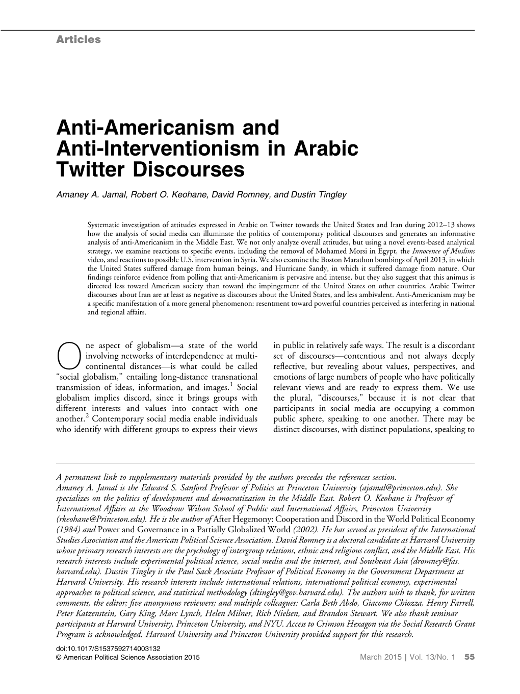 Anti-Americanism and Anti-Interventionism in Arabic Twitter Discourses