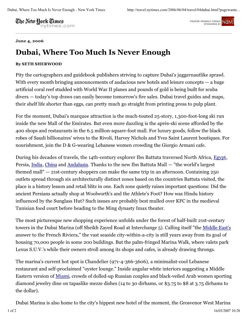 Dubai, Where Too Much Is Never Enough - New York Times