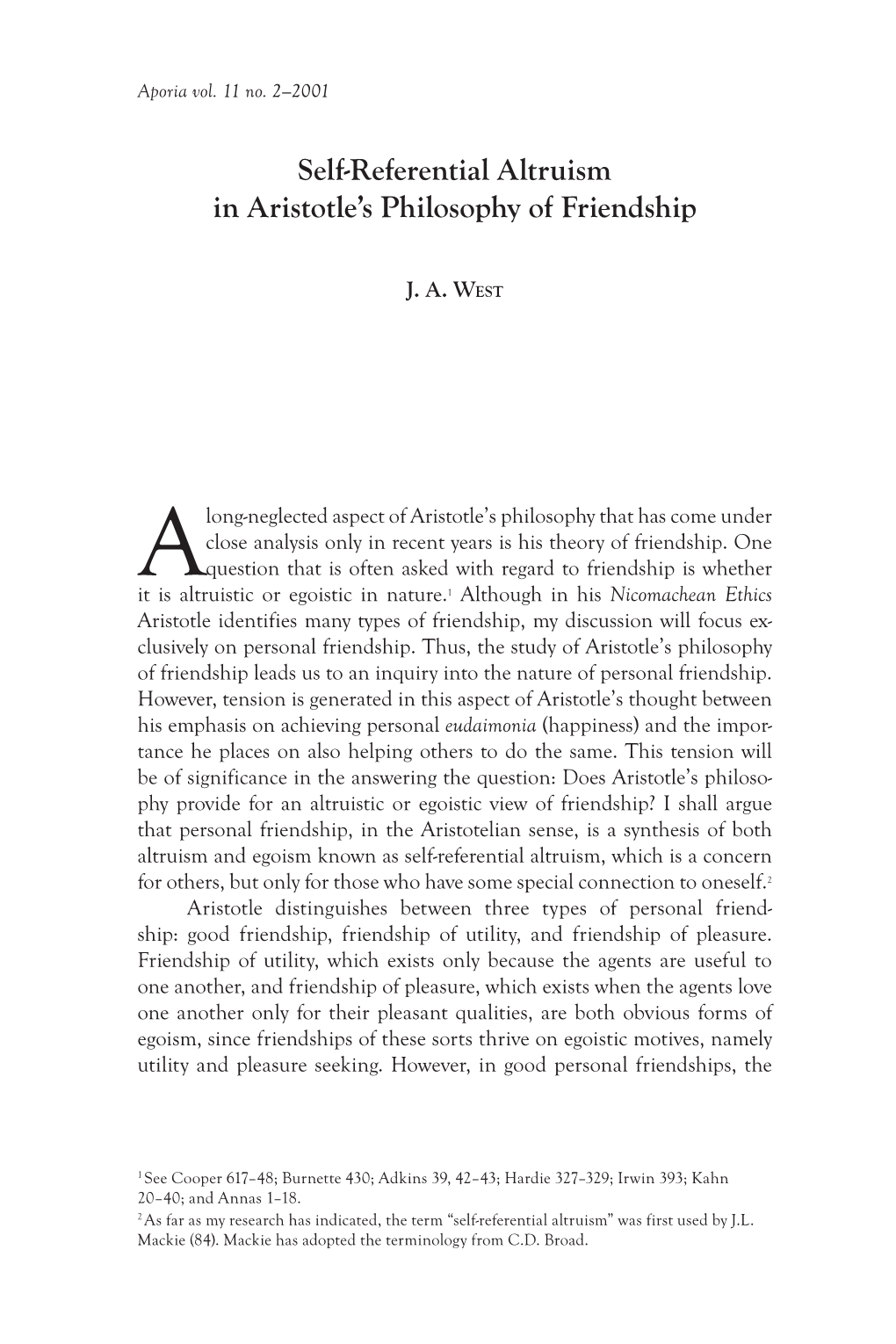 Self-Referential Altruism in Aristotle's Philosophy of Friendship