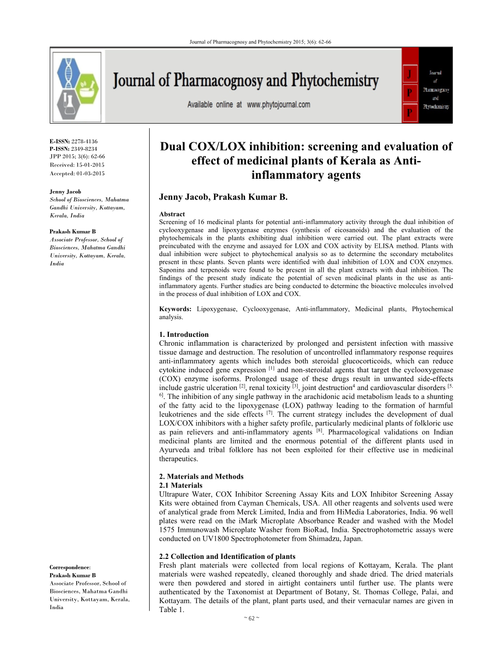 Dual COX/LOX Inhibition: Screening and Evaluation of Effect of Medicinal