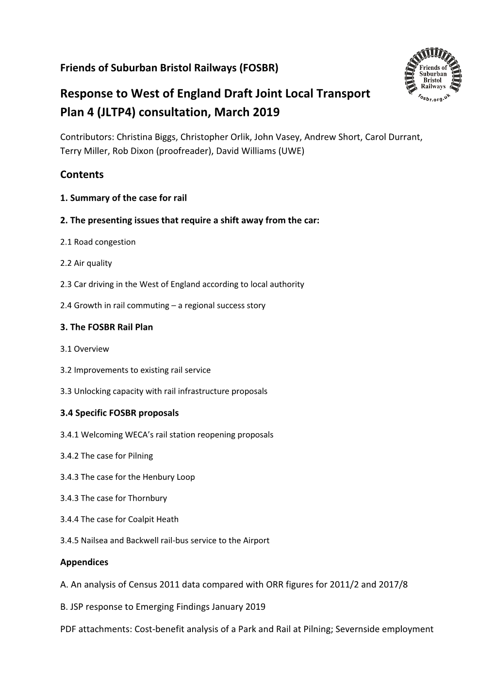 Response to West of England Draft Joint Local Transport Plan 4 (JLTP4) Consultation, March 2019