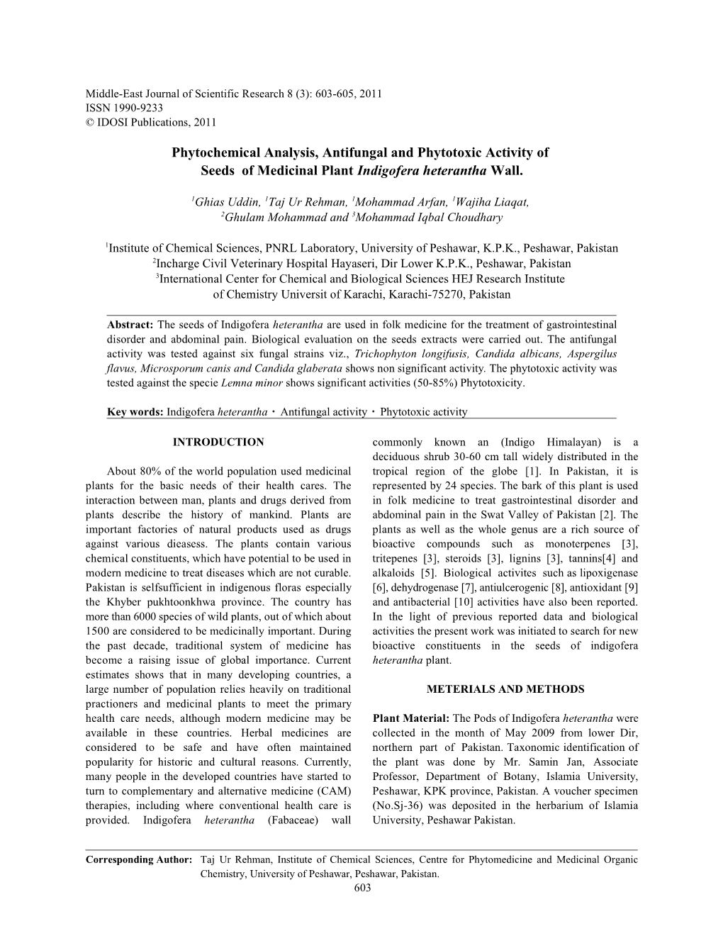 Phytochemical Analysis, Antifungal and Phytotoxic Activity of Seeds of Medicinal Plant Indigofera Heterantha Wall