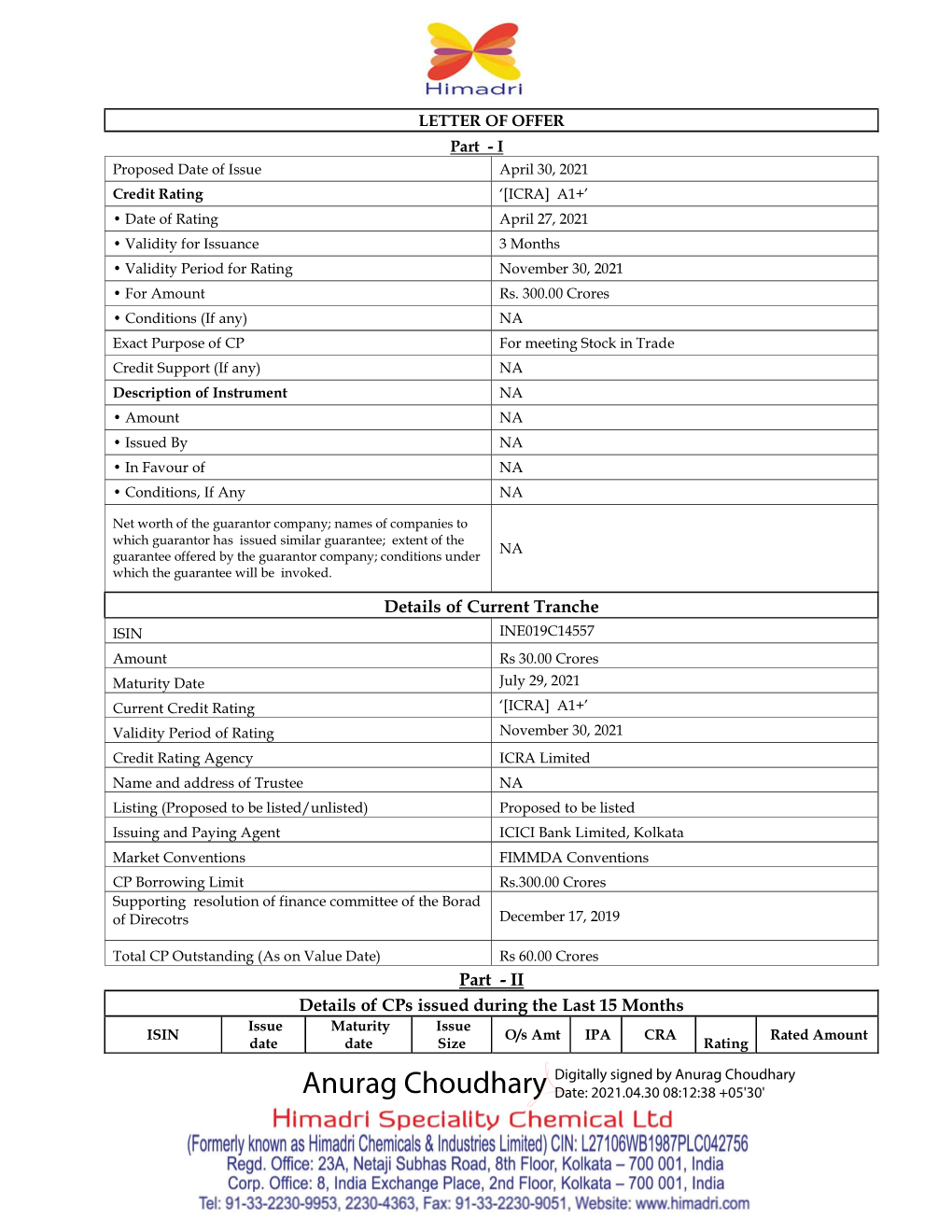 Details of Current Tranche Part