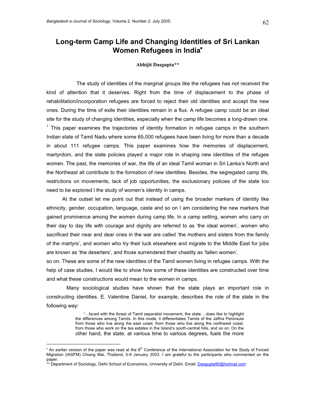 Long-Term Camp Life and Changing Identities of Sri Lankan Women Refugees in India•