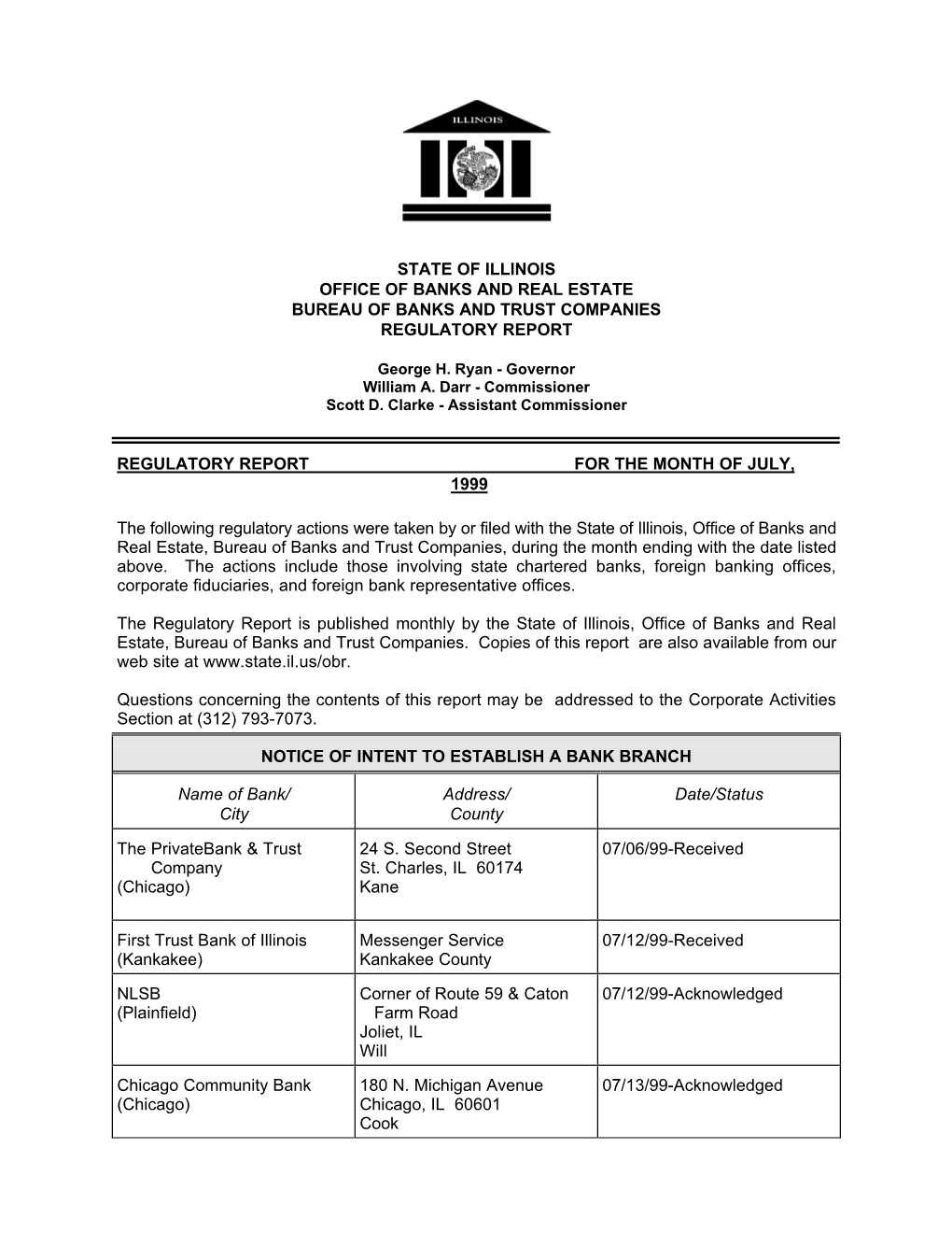 State of Illinois Office of Banks and Real Estate Bureau of Banks and Trust Companies Regulatory Report Regulatory Report Fo