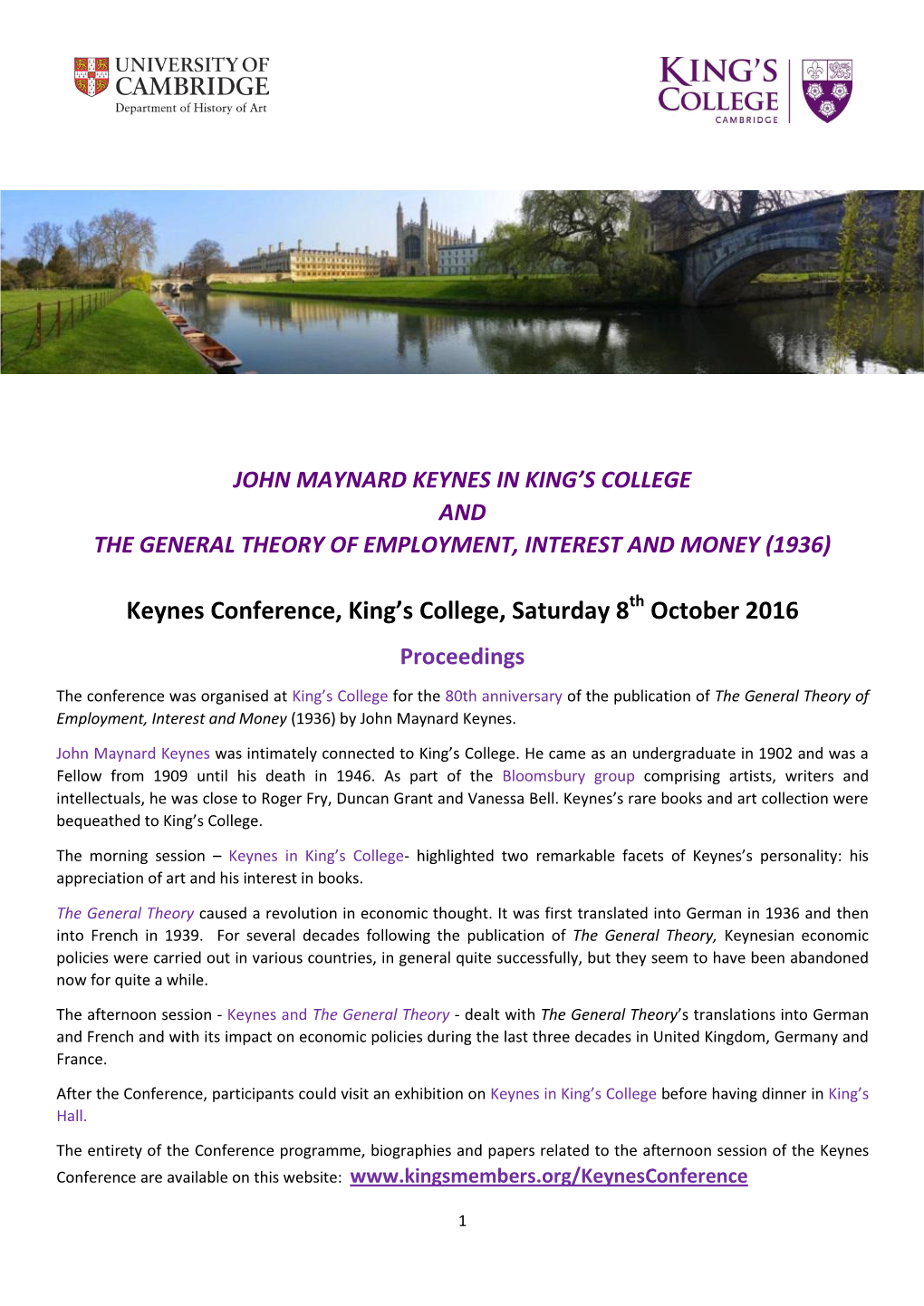 Keynes Conference, King's College, Saturday 8 October 2016