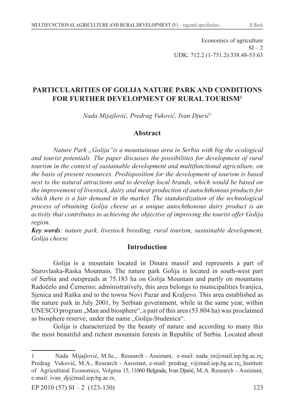 Particularities of Golija Nature Park and Conditions for Further Development of Rural Tourism1