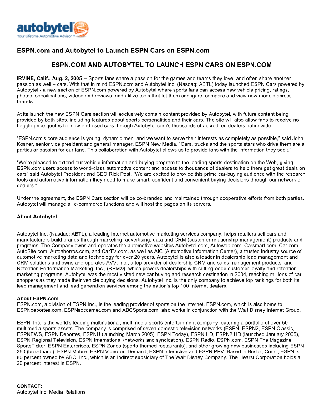 ESPN.Com and Autobytel to Launch ESPN Cars on ESPN.Com