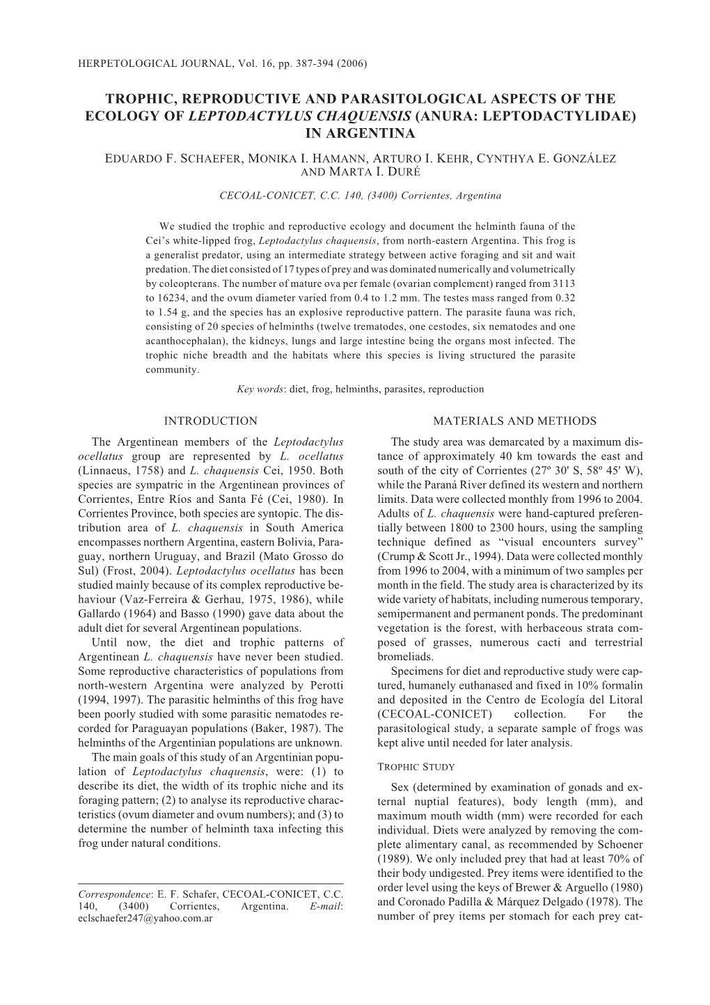 Trophic, Reproductive and Parasitological Aspects of the Ecology of Leptodactylus Chaquensis (Anura: Leptodactylidae) in Argentina