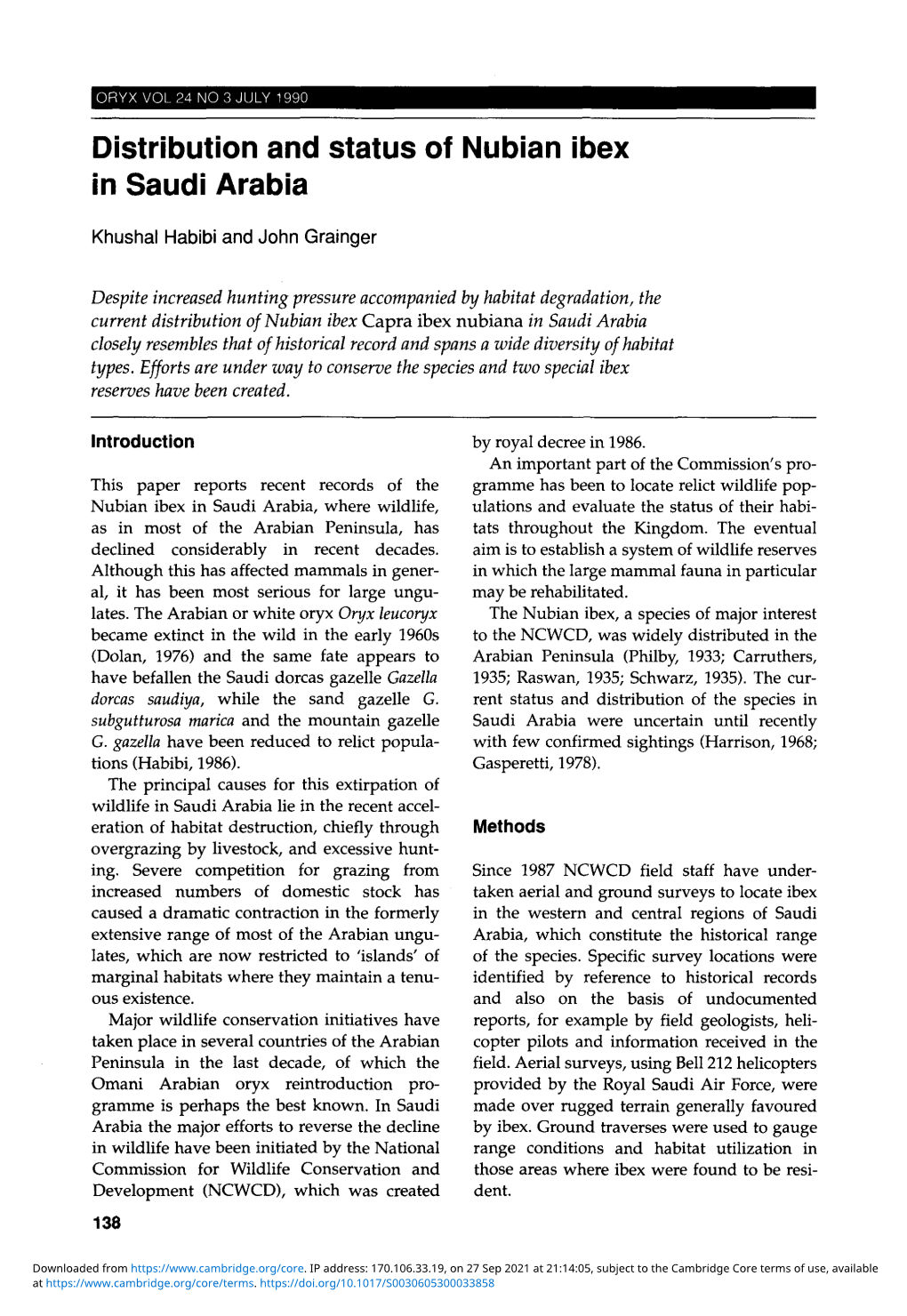 Distribution and Status of Nubian Ibex in Saudi Arabia