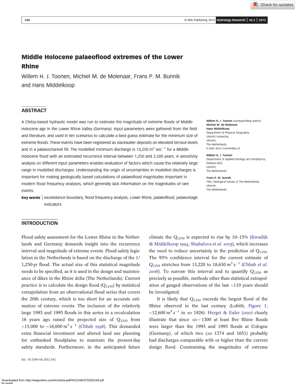 Middle Holocene Palaeoflood Extremes of the Lower Rhine