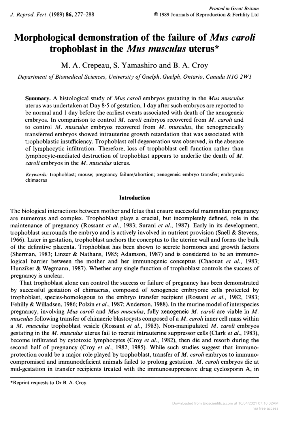 Morphological Demonstration of the Failure of Mus Caroli Trophoblast in the Mus Musculus Uterus M