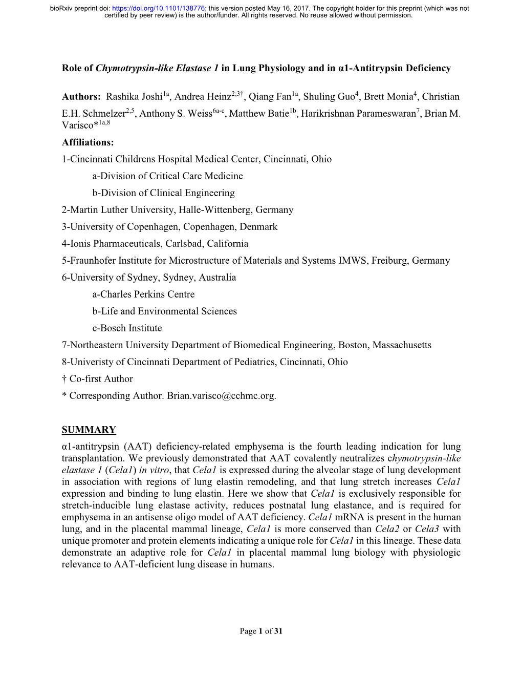 Role of Chymotrypsin-Like Elastase 1 in Lung Physiology and in Α1-Antitrypsin Deficiency