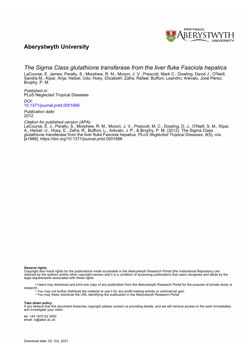 Aberystwyth University the Sigma Class Glutathione Transferase from the Liver Fluke Fasciola Hepatica