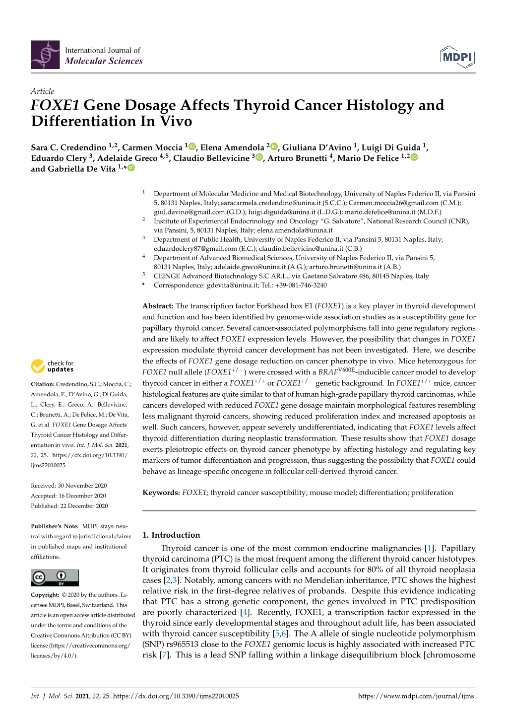 FOXE1 Gene Dosage Affects Thyroid Cancer Histology and Differentiation in Vivo