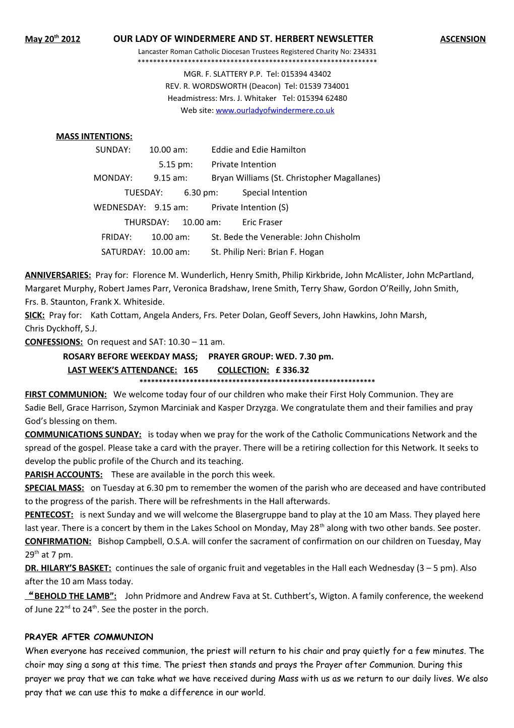 May 20Th 2012 OUR LADY of WINDERMERE and ST. HERBERT NEWSLETTER ASCENSION