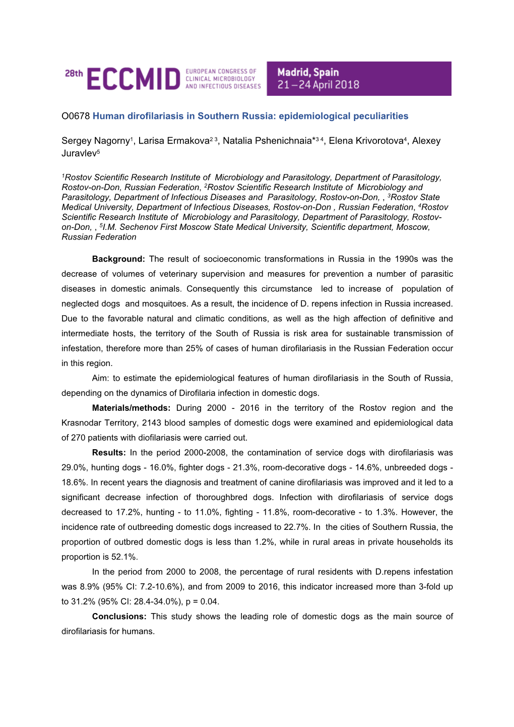 Human Dirofilariasis in Southern Russia: Epidemiological Peculiarities