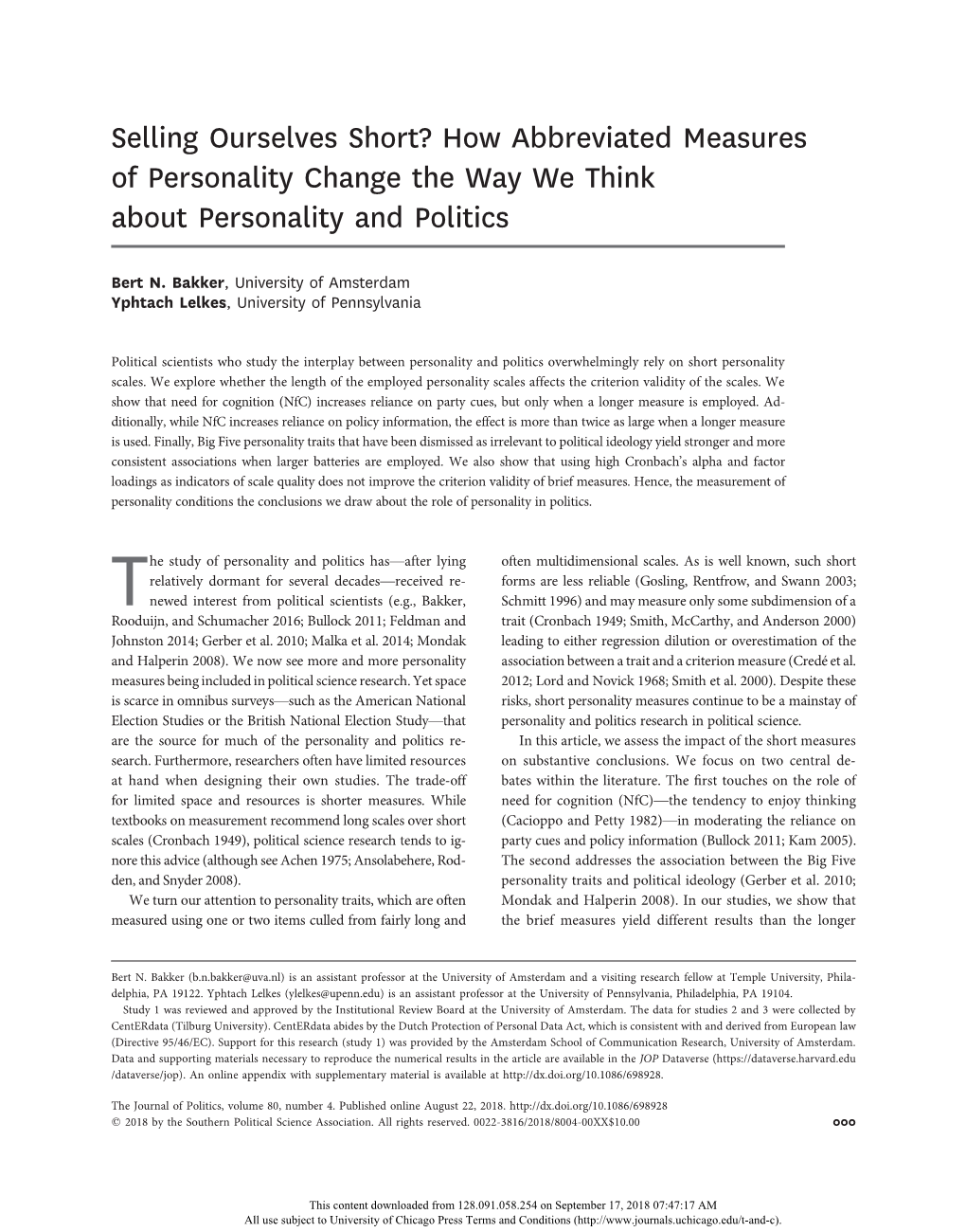 How Abbreviated Measures of Personality Change the Way We Think About Personality and Politics