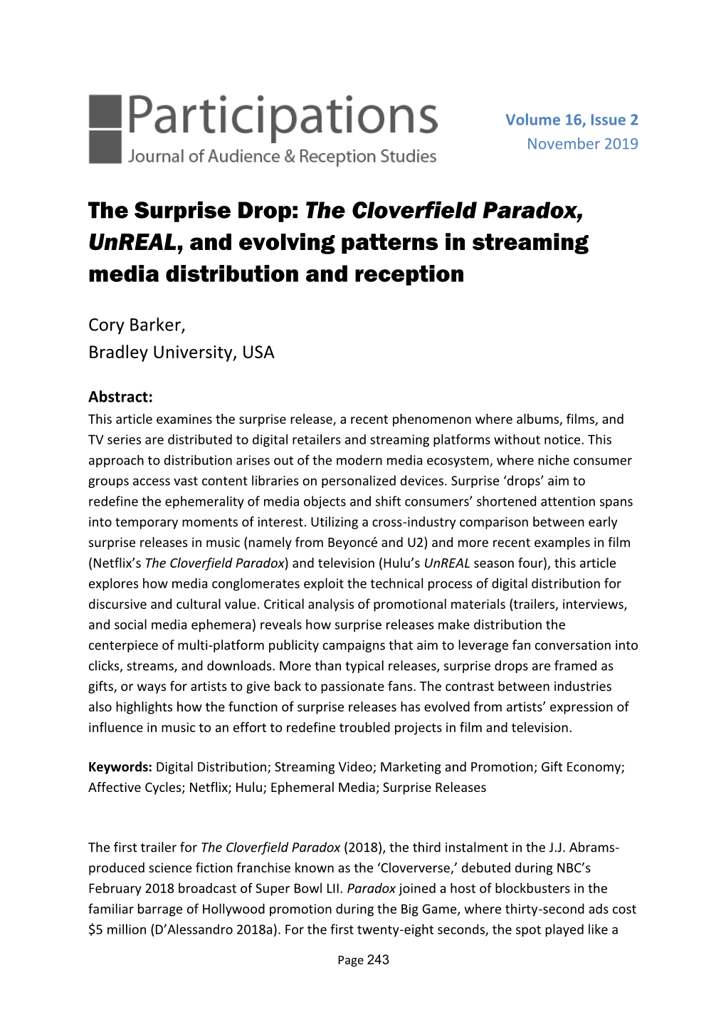 The Surprise Drop: the Cloverfield Paradox, Unreal, and Evolving Patterns in Streaming Media Distribution and Reception