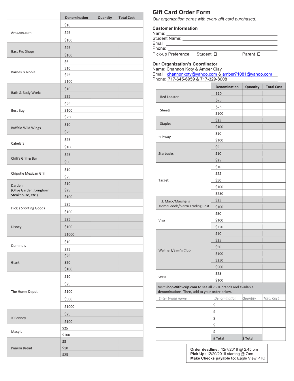 Gift Card Order Form Denomination Quantity Total Cost Our Organization Earns with Every Gift Card Purchased