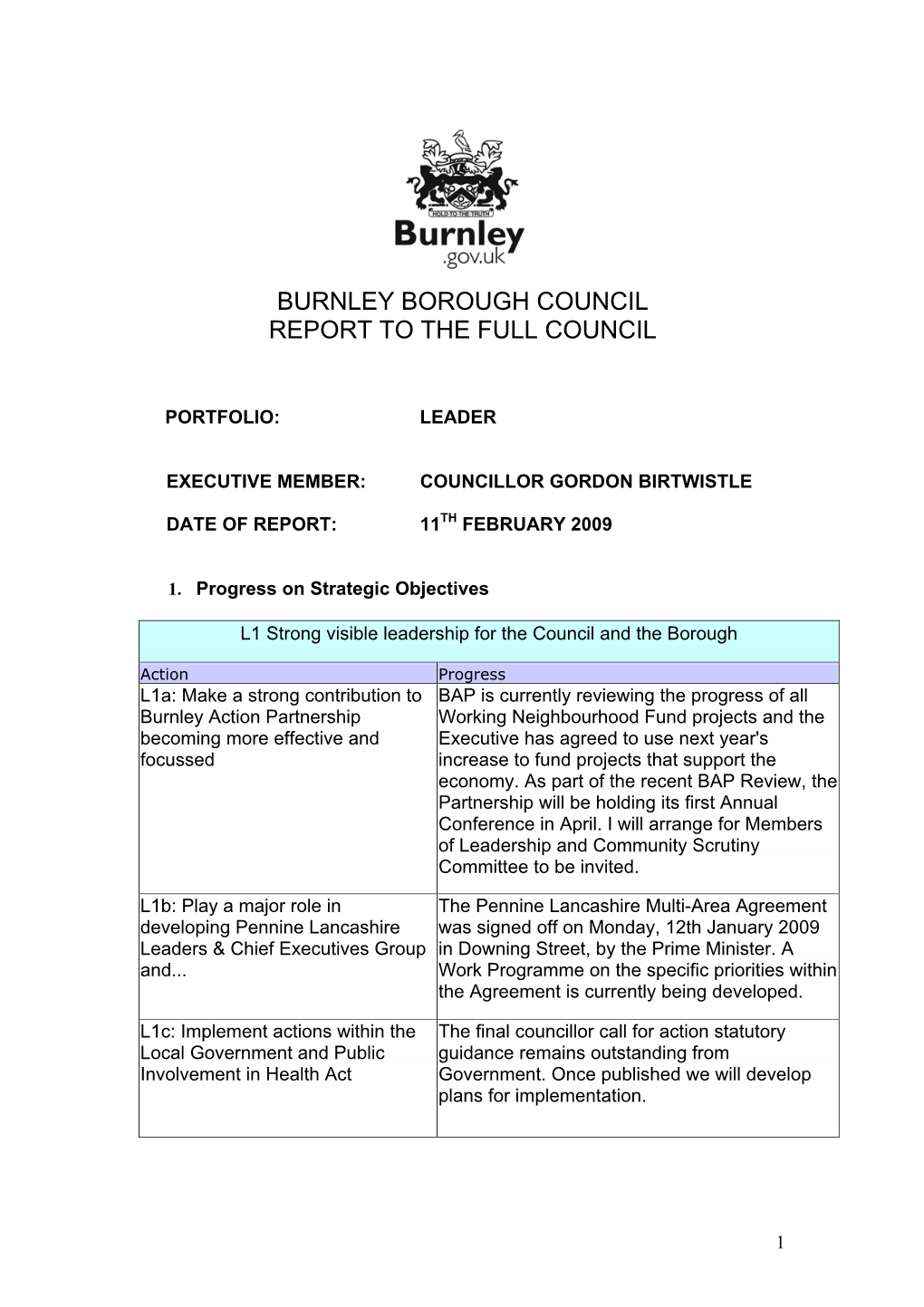 Burnley Borough Council Report to the Full Council