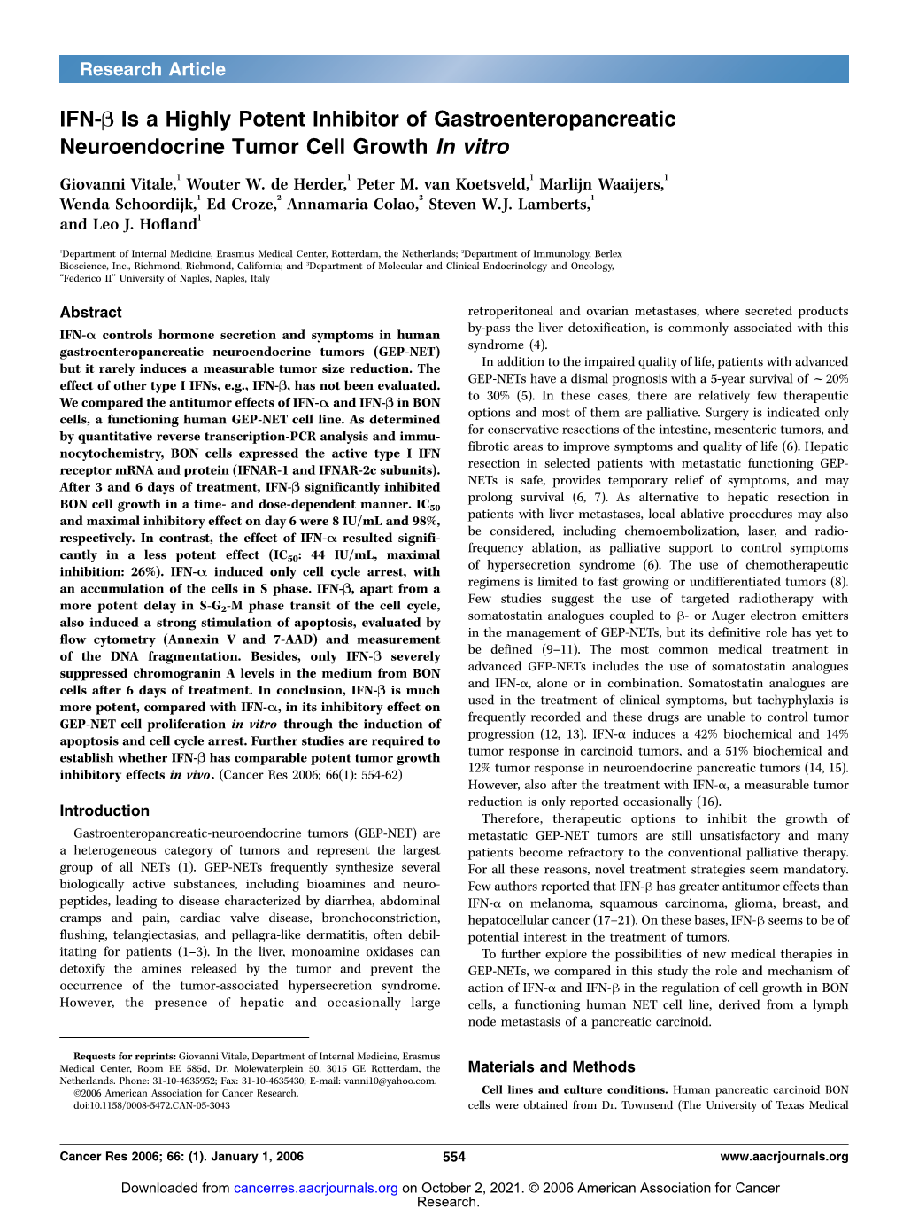 IFN-B Is a Highly Potent Inhibitor of Gastroenteropancreatic Neuroendocrine Tumor Cell Growth in Vitro