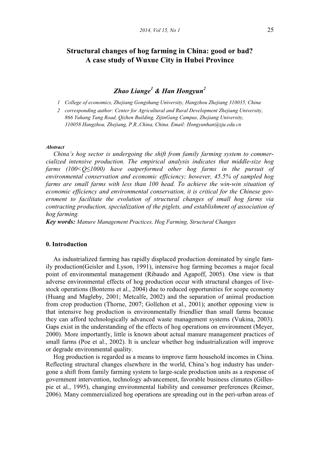 Structural Changes of Hog Farming in China: Good Or Bad? a Case Study of Wuxue City in Hubei Province