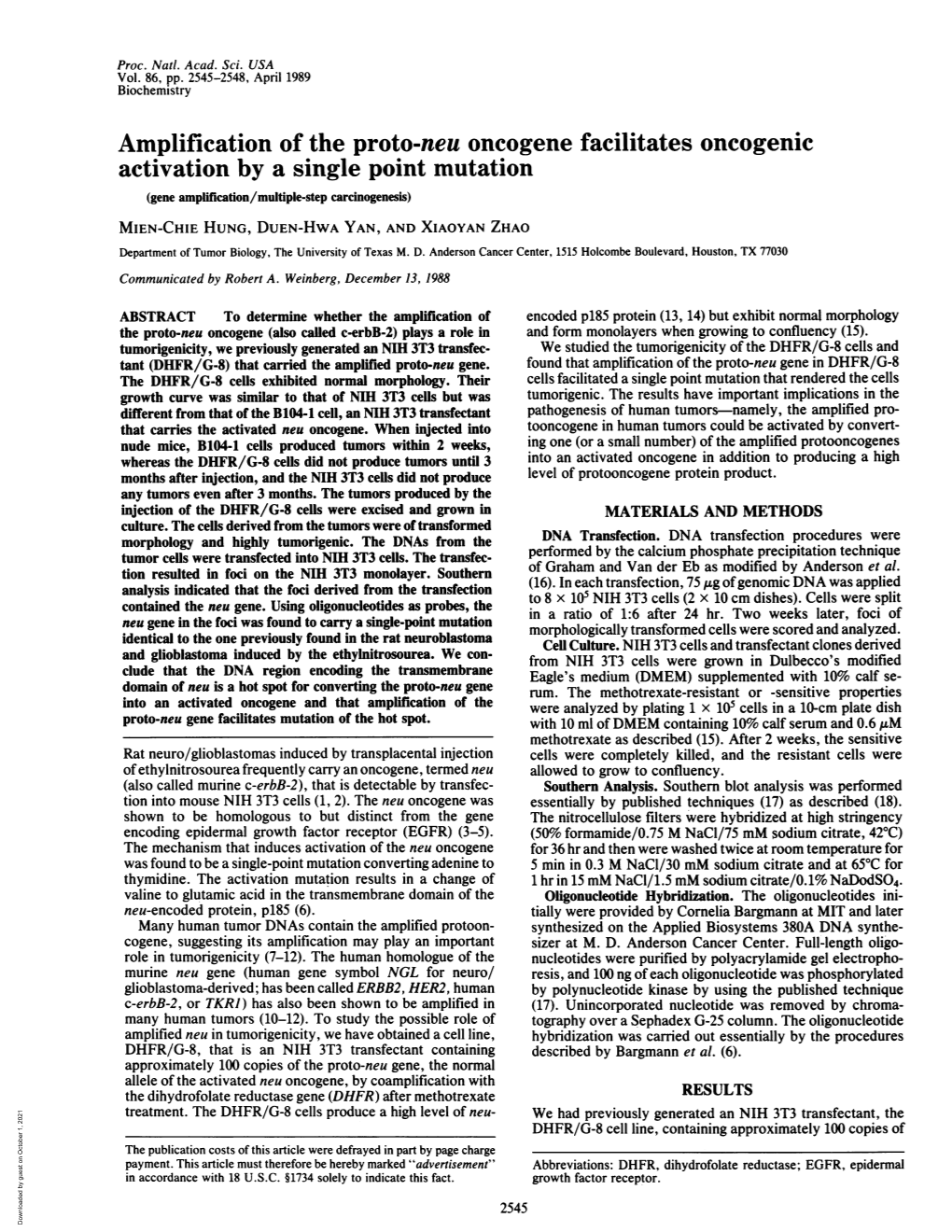 Amplification of the Proto-Neu Oncogene Facilitates Oncogenic