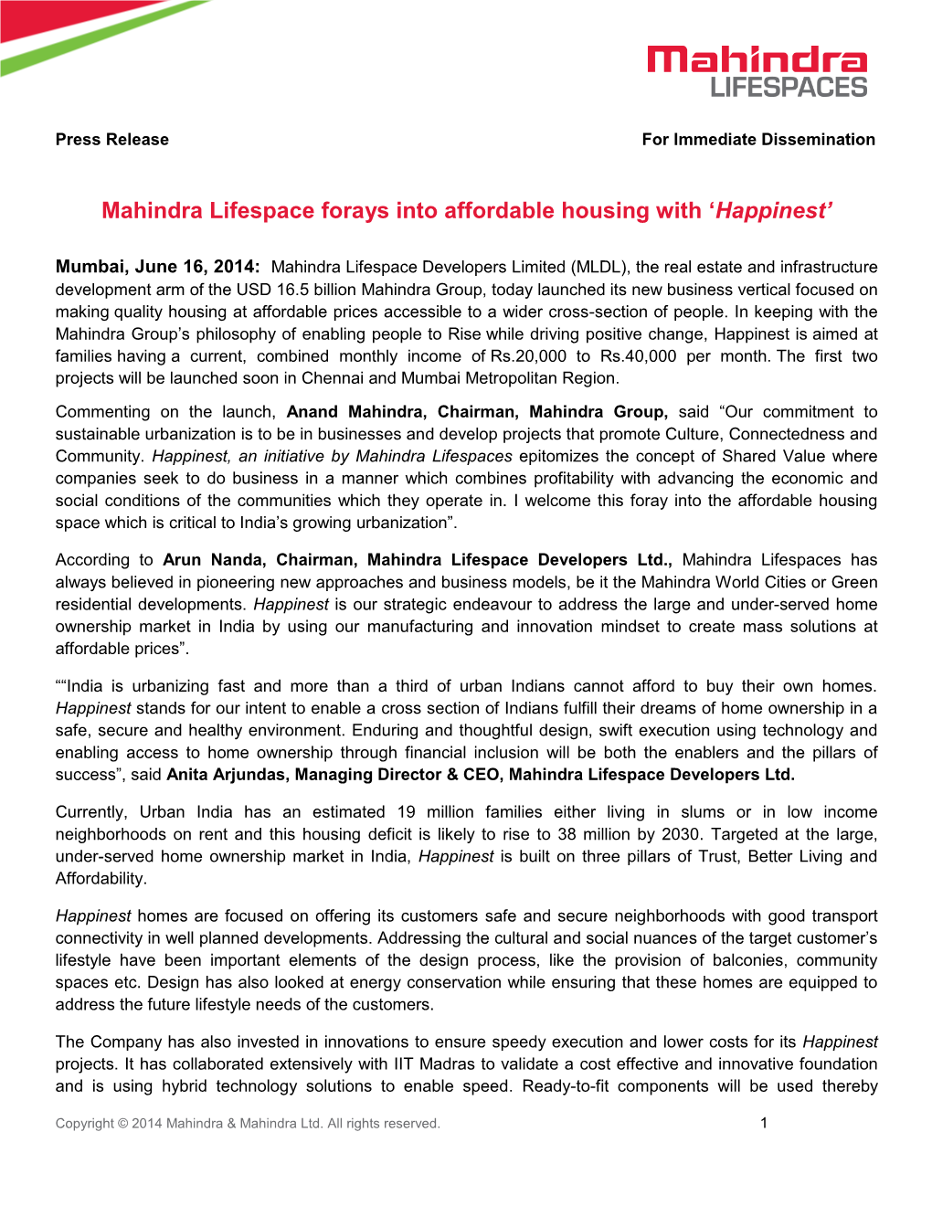 Mahindra Lifespace Forays Into Affordable Housing with ‘Happinest’