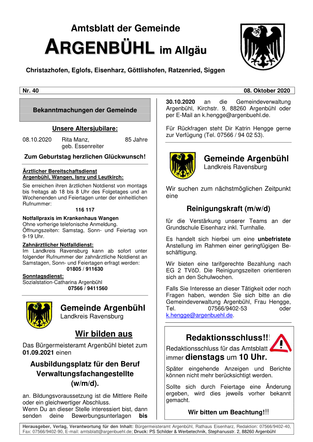 Amtsblatt Der Gemeinde ARGENBÜHL Im Allgäu