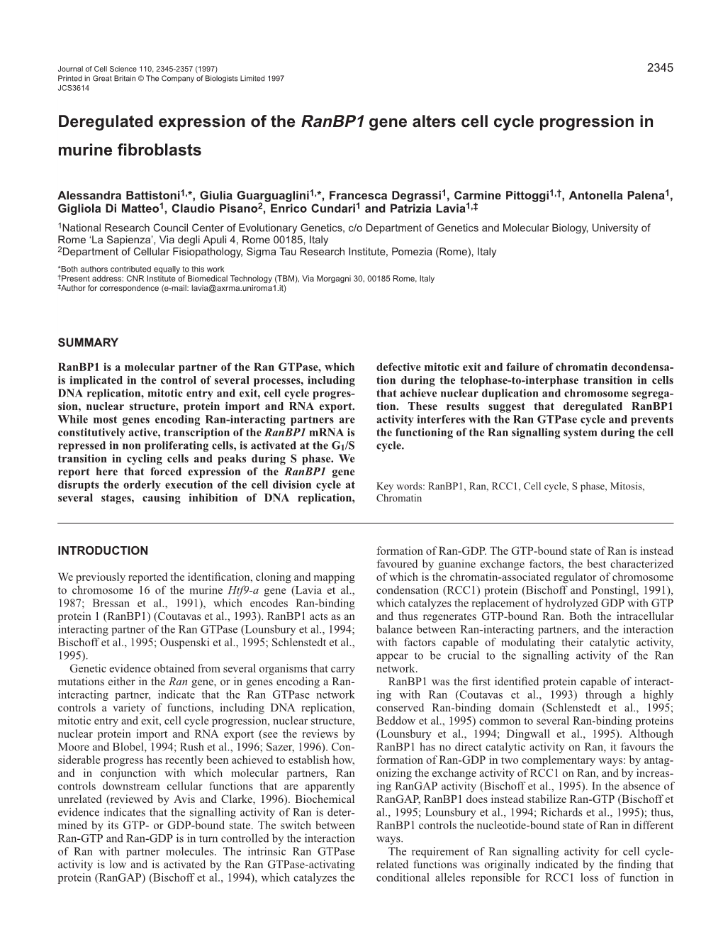 Deregulated Expression of the Ranbp1 Gene Alters Cell Cycle Progression in Murine ﬁbroblasts