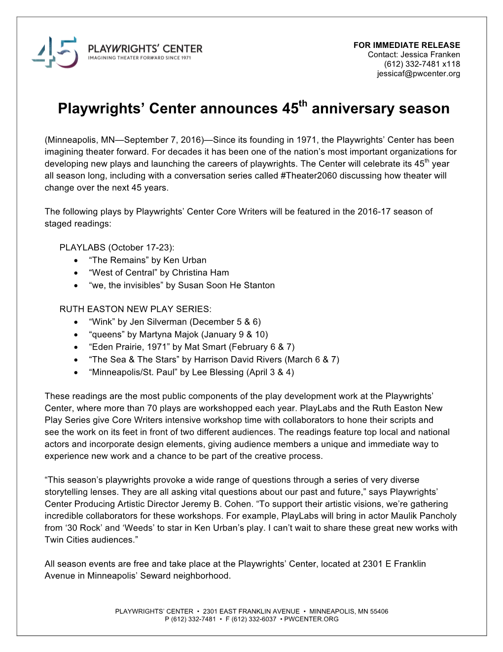 Playwrights' Center Announces 45Th Anniversary Season