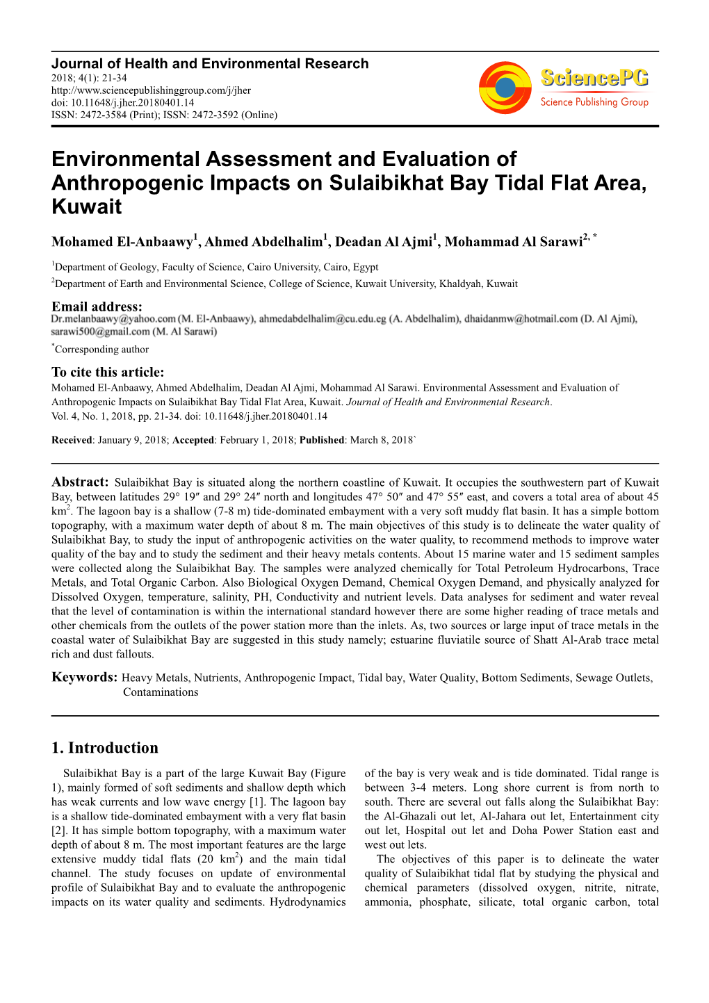 Environmental Assessment and Evaluation of Anthropogenic Impacts on Sulaibikhat Bay Tidal Flat Area, Kuwait