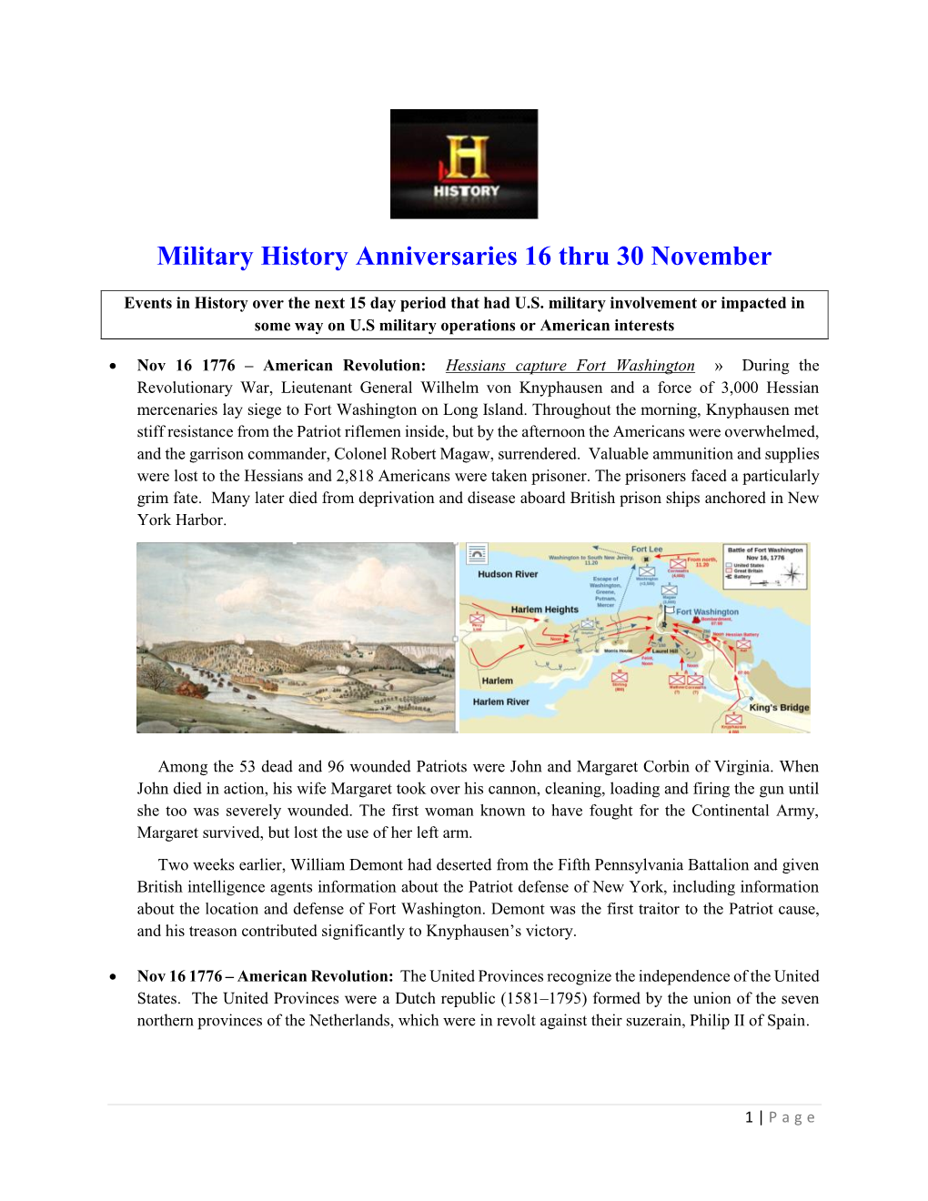 Military History Anniversaries 16 Thru 30 November