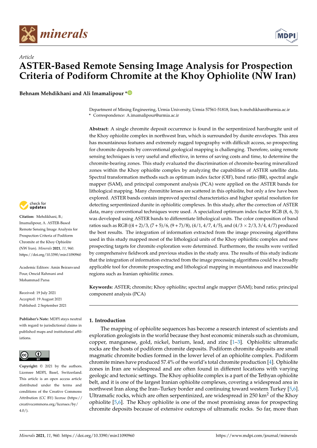 ASTER-Based Remote Sensing Image Analysis for Prospection Criteria of Podiform Chromite at the Khoy Ophiolite (NW Iran)