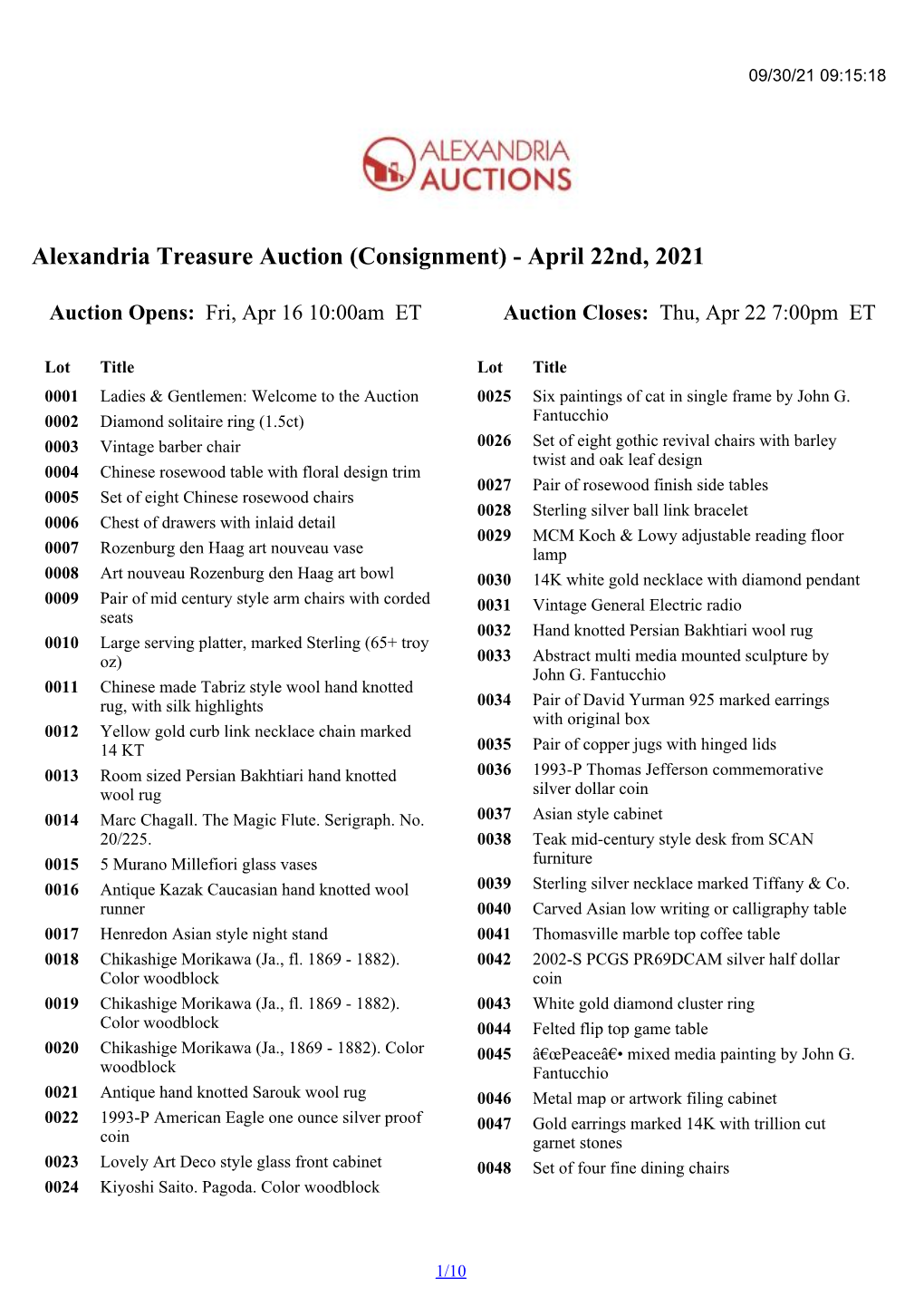 Alexandria Treasure Auction (Consignment) - April 22Nd, 2021