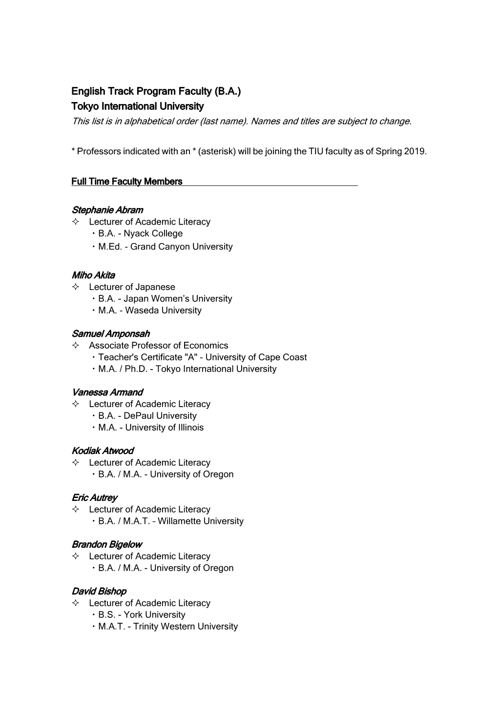 English Track Program Faculty (B.A.) Tokyo International University This List Is in Alphabetical Order (Last Name)