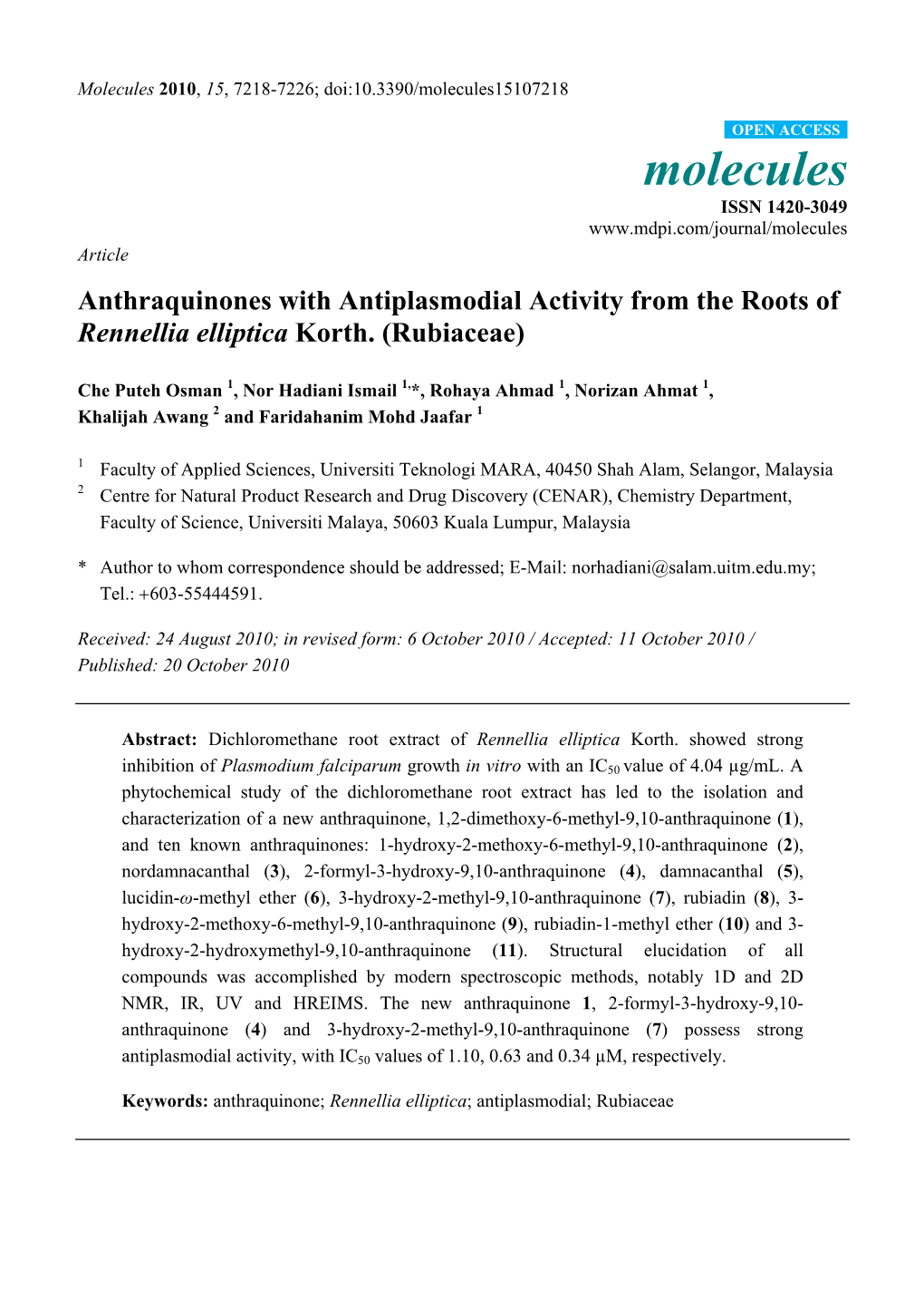 Anthraquinones with Antiplasmodial Activity from the Roots of Rennellia Elliptica Korth