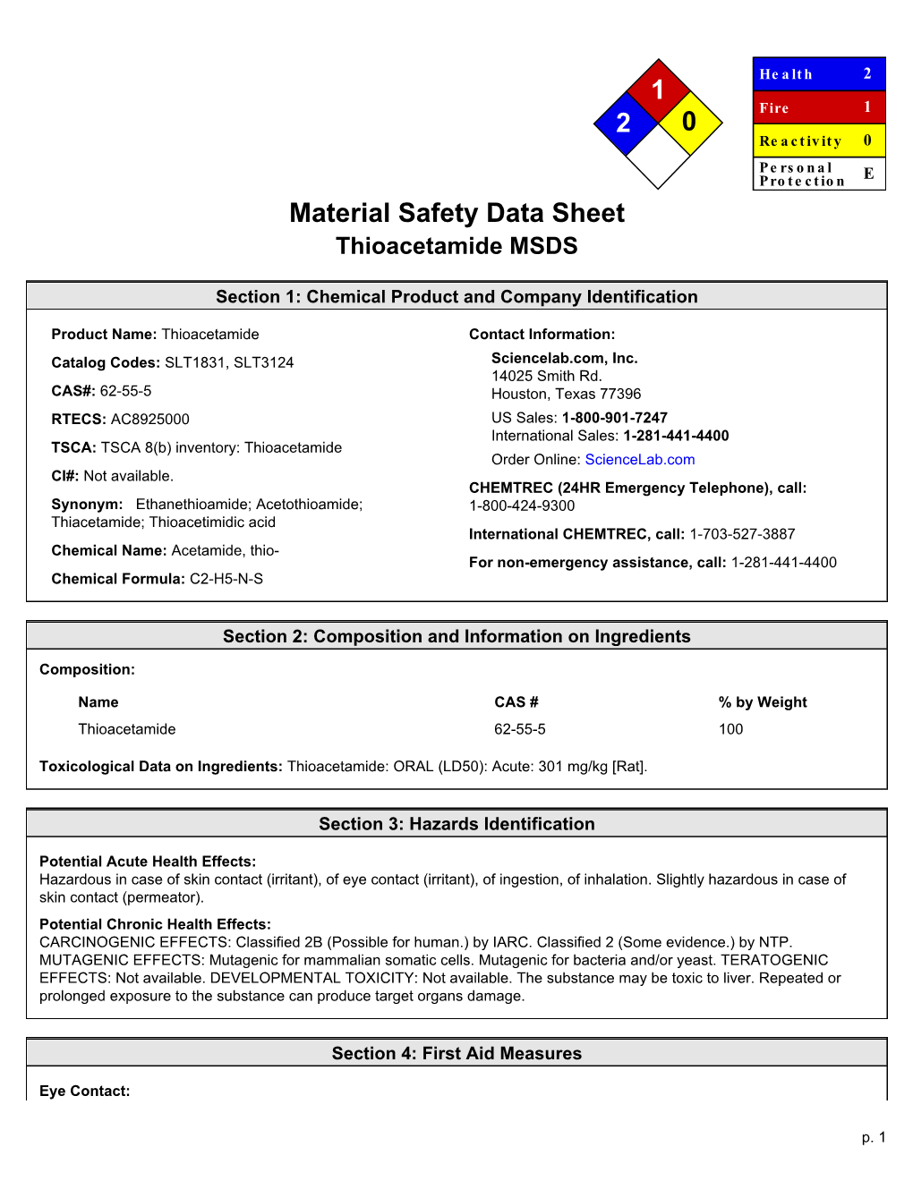 Thioacetamide MSDS