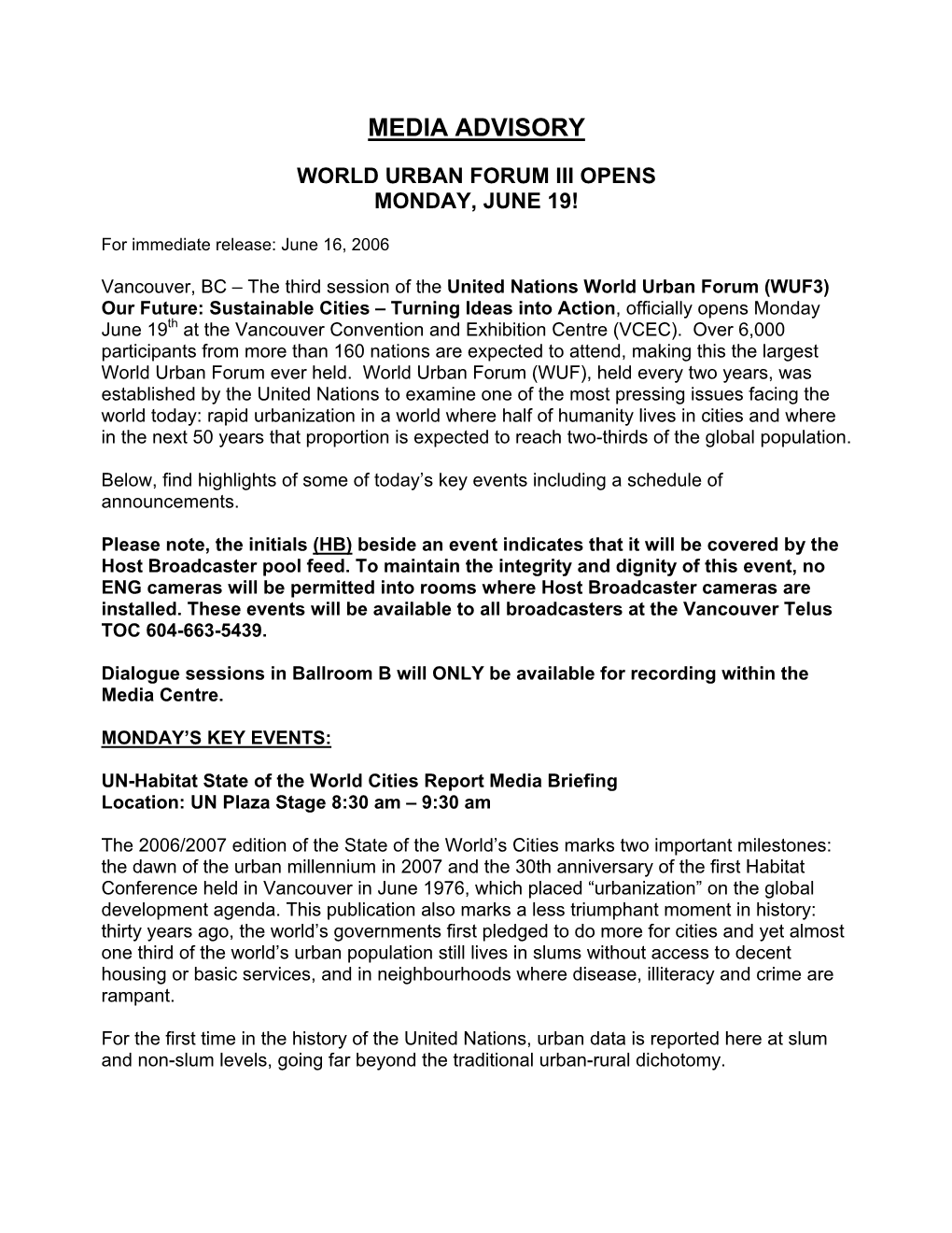 World Urban Forum Iii Opens Monday, June 19!